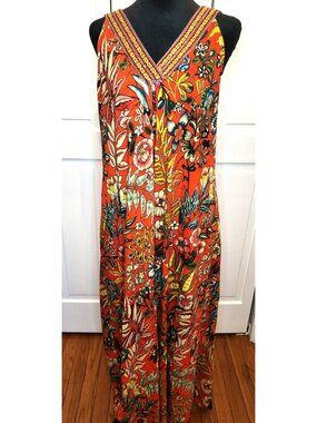 Soft Surroundings Orange Floral Flowy Maxi Dress Embroidered PL Boho Teacher